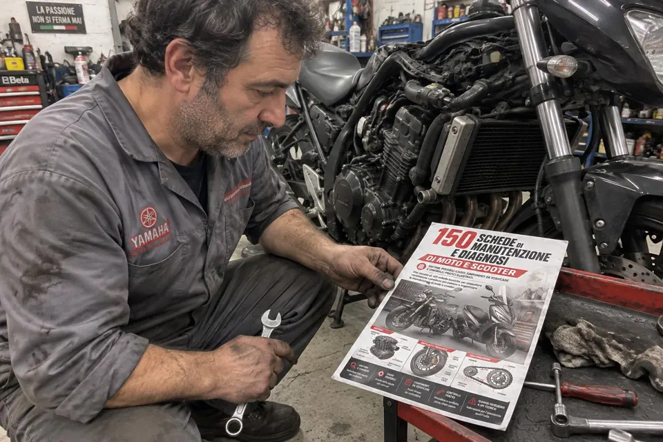 Meccanico italiano che consulta la scheda di manutenzione mentre ripara una moto in officina