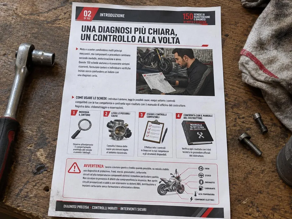 Scheda A4 stampata sul banco da lavoro dell’officina