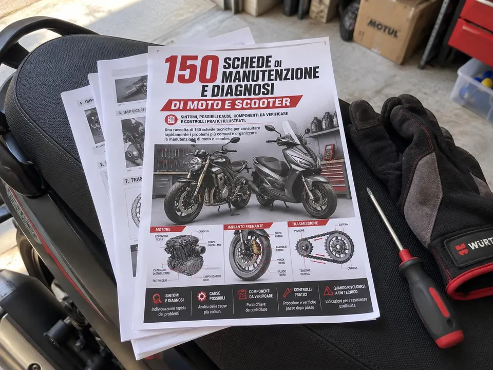Schede stampate sulla sella di una moto in garage