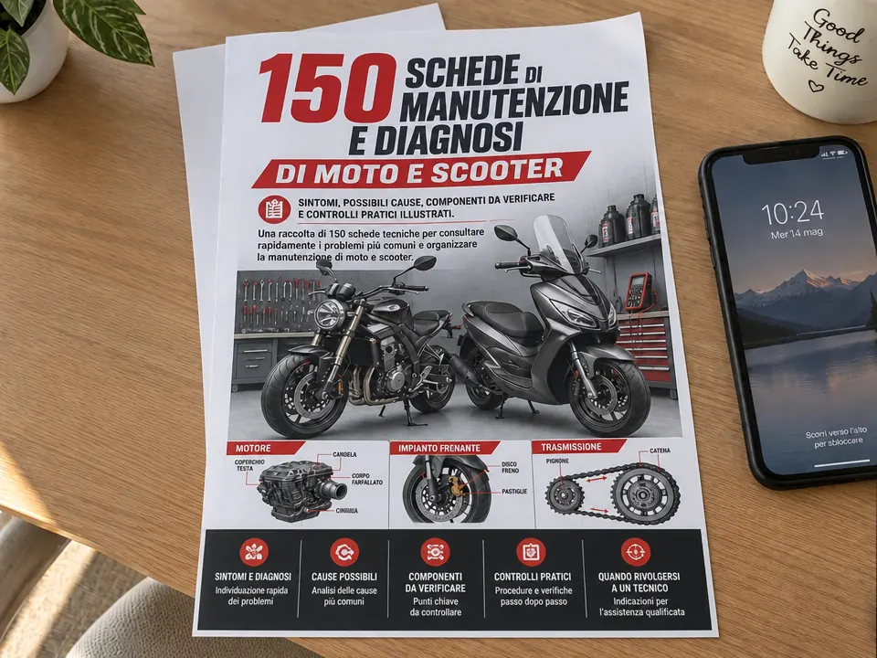 Schede di manutenzione e diagnosi di moto e scooter stampate in formato A4 su un tavolo accanto a uno smartphone